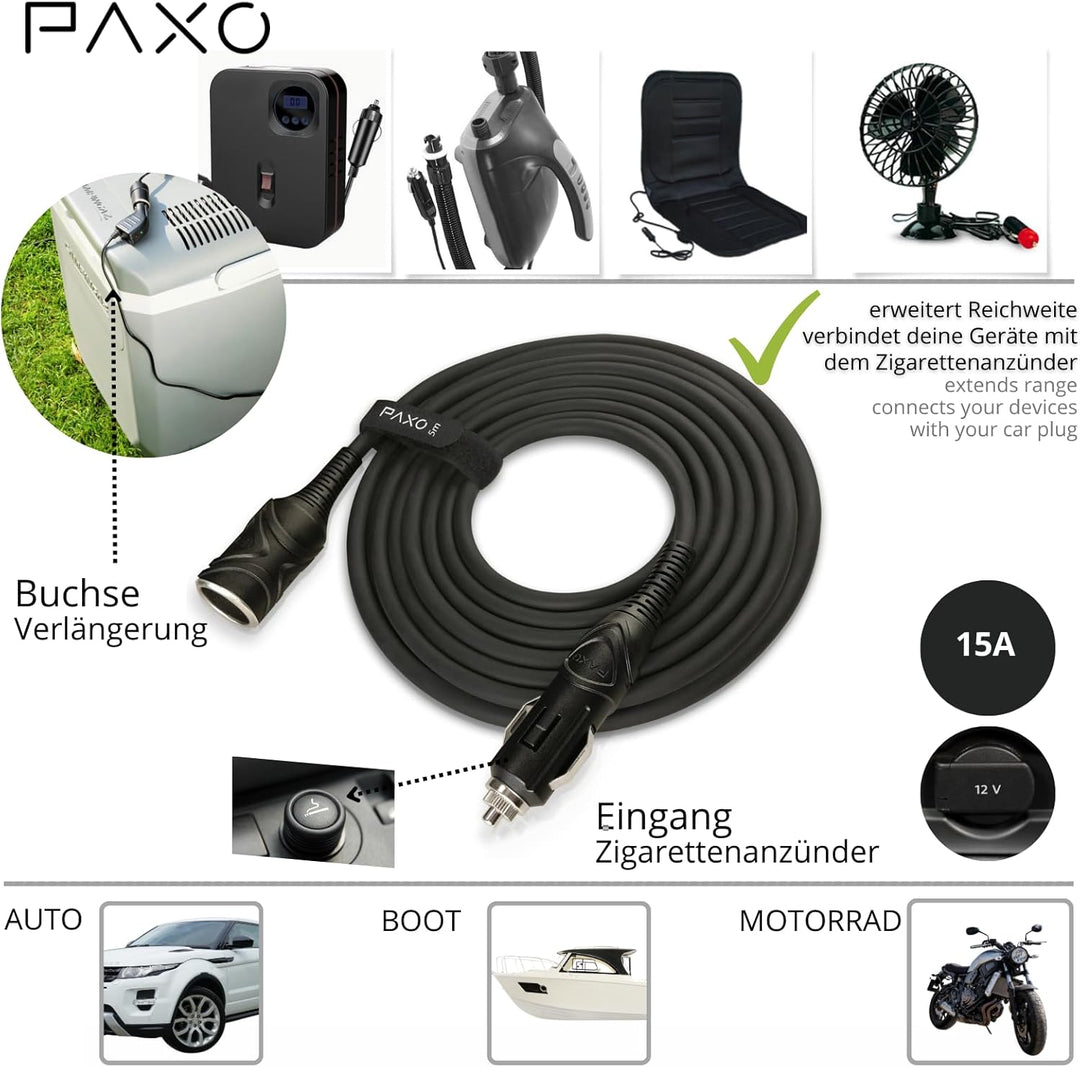 PAXO 5m KFZ Verlängerungskabel 12V, Verlängerung, 15A Sicherung, Vollgummileitung mit Stecker und Bu