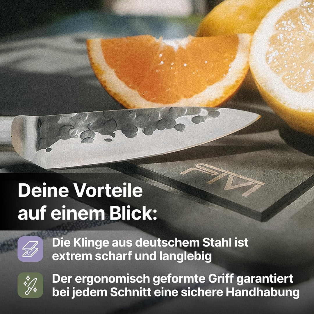 FIVI Officemesser LUCA | 9 cm | Kleines Küchenmesser aus deutschem Edelstahl mit Hammerschlag | Pakk