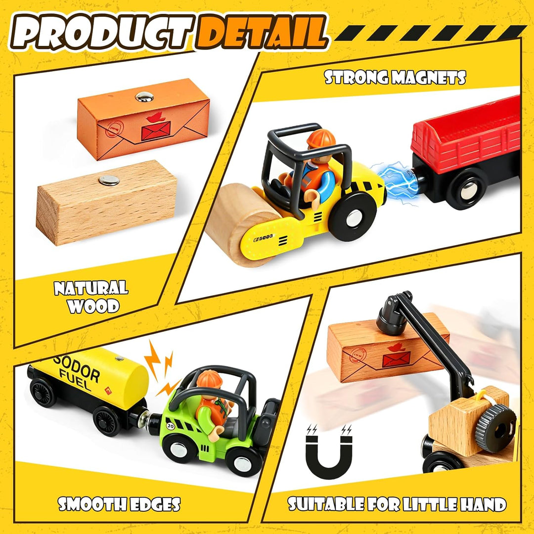 Baufahrzeuge Kinder Holzspielzeug, Magnetisch Baustelle Kran Spielzeug mit Turmkran Bagger Kranwagen