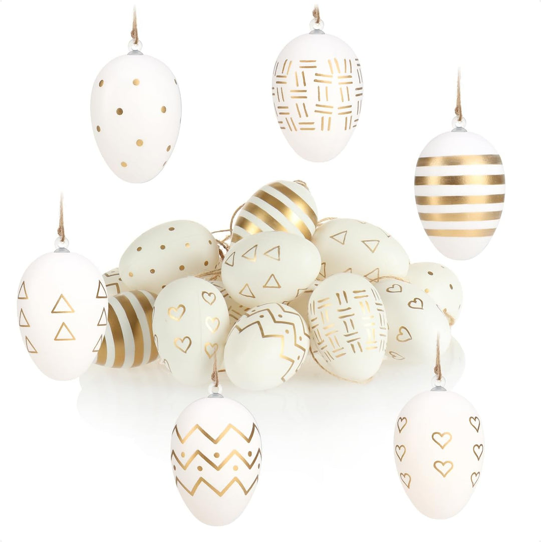 com-four® 18x Ostereier zum Aufhängen - Ostereier mit Muster weiss/goldfarben - Hängedeko aus Kunsts