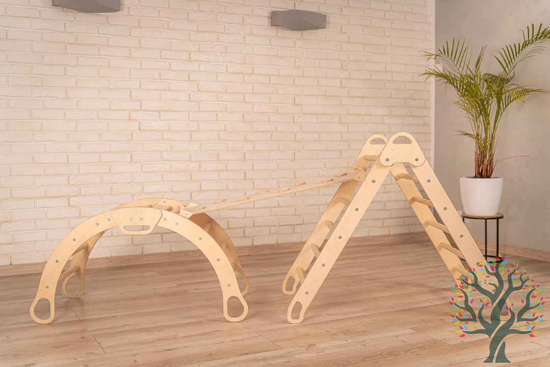 WoodsCraft 5in1 Set: Grosse Kletterbogen mit Kissen, Kinderzelt Indoor & Kletterdreieck mit 2in1: Ru