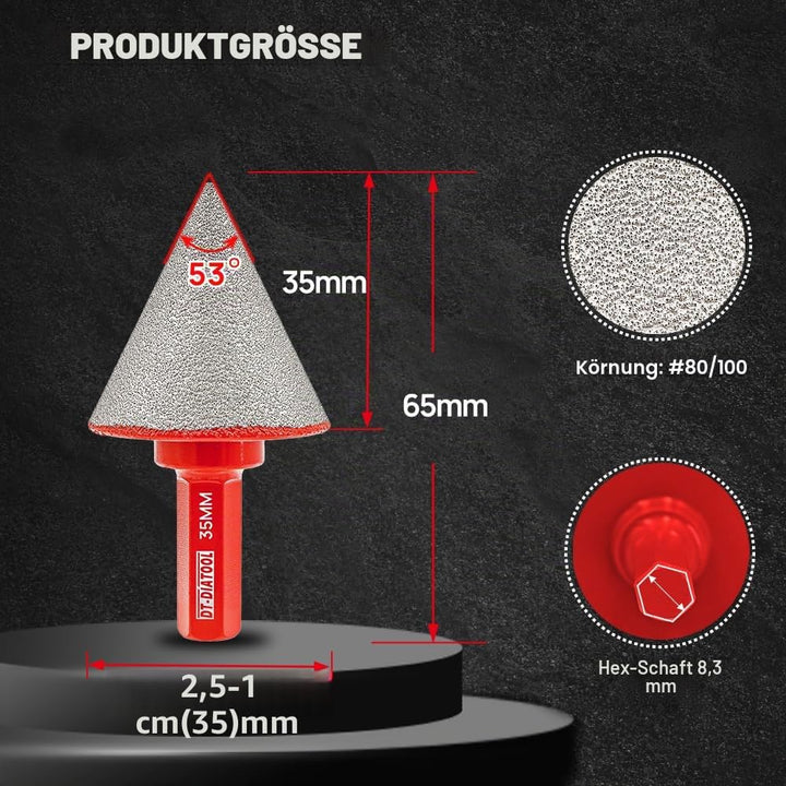 DT-DIATOOL Diamant-Abschräg-Fasen-Bits – Diamant-Kegelsenker-Bohrer 35 mm mit Sechskantschaft zur Ve