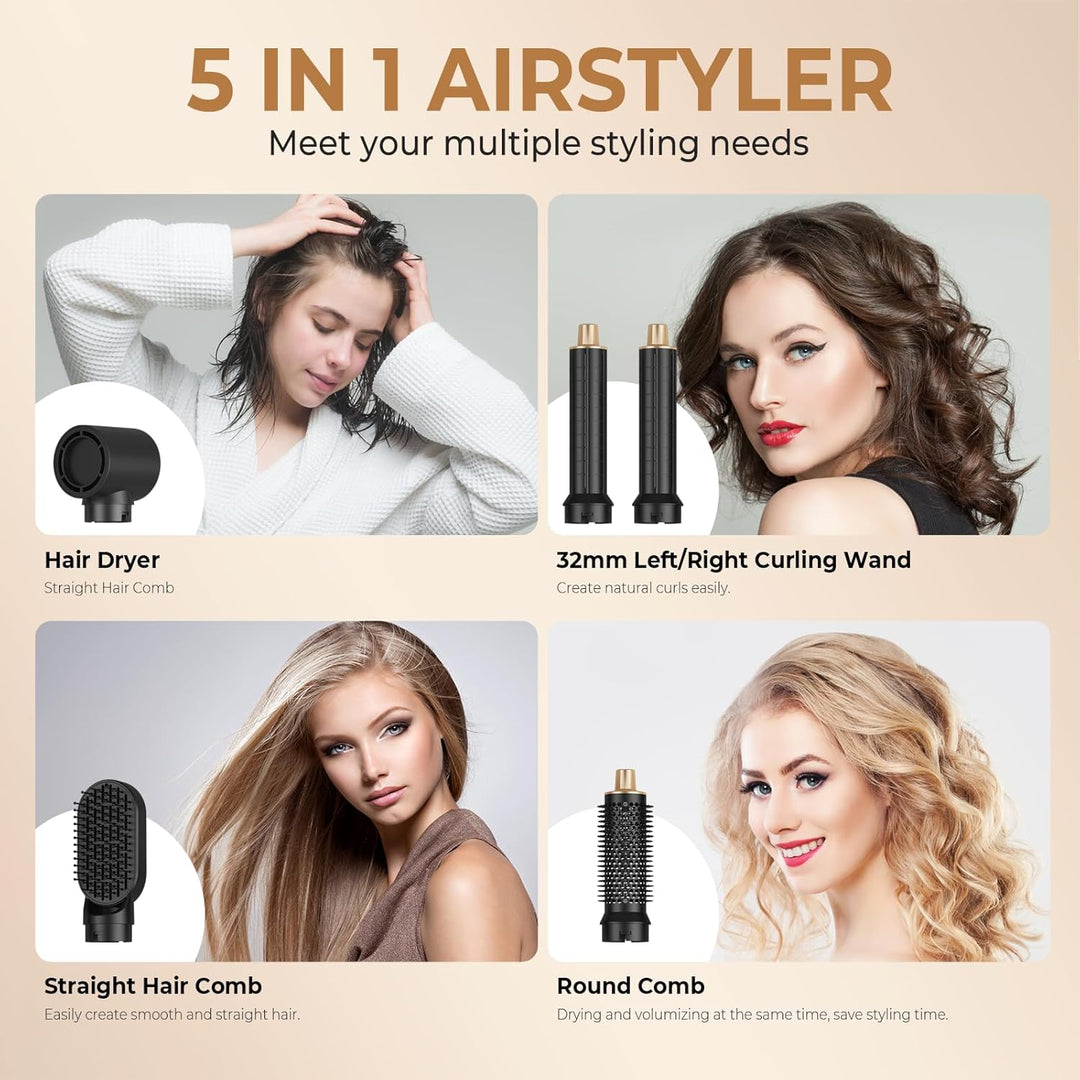 5 in 1 Hairstyler, Airstyler Airbrush Pro 1000w, 60000RPM Föhnbürste Haarstyler, Lockenstab mit Luft