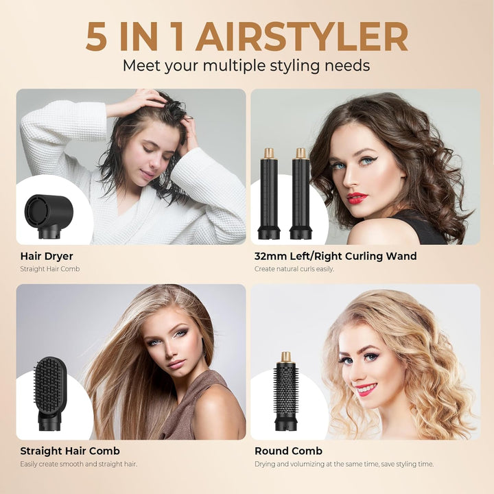 5 in 1 Hairstyler, Airstyler Airbrush Pro 1000w, 60000RPM Föhnbürste Haarstyler, Lockenstab mit Luft