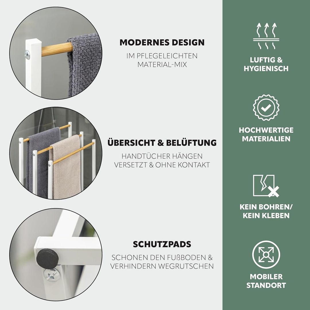 eluno Stand-Handtuchhalter freistehend, 3 Stangen, Handtuchständer, Bambus (weiss), Weiss