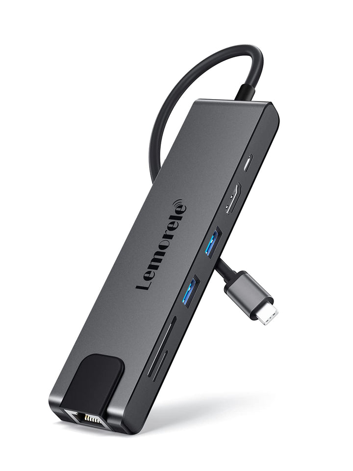 Lemorele USB C Hub, 7 in 1 USB C Aluminiumgehäuse Multiport Adapter mit RJ45, 100W PD, 4K HDMI, 2 US