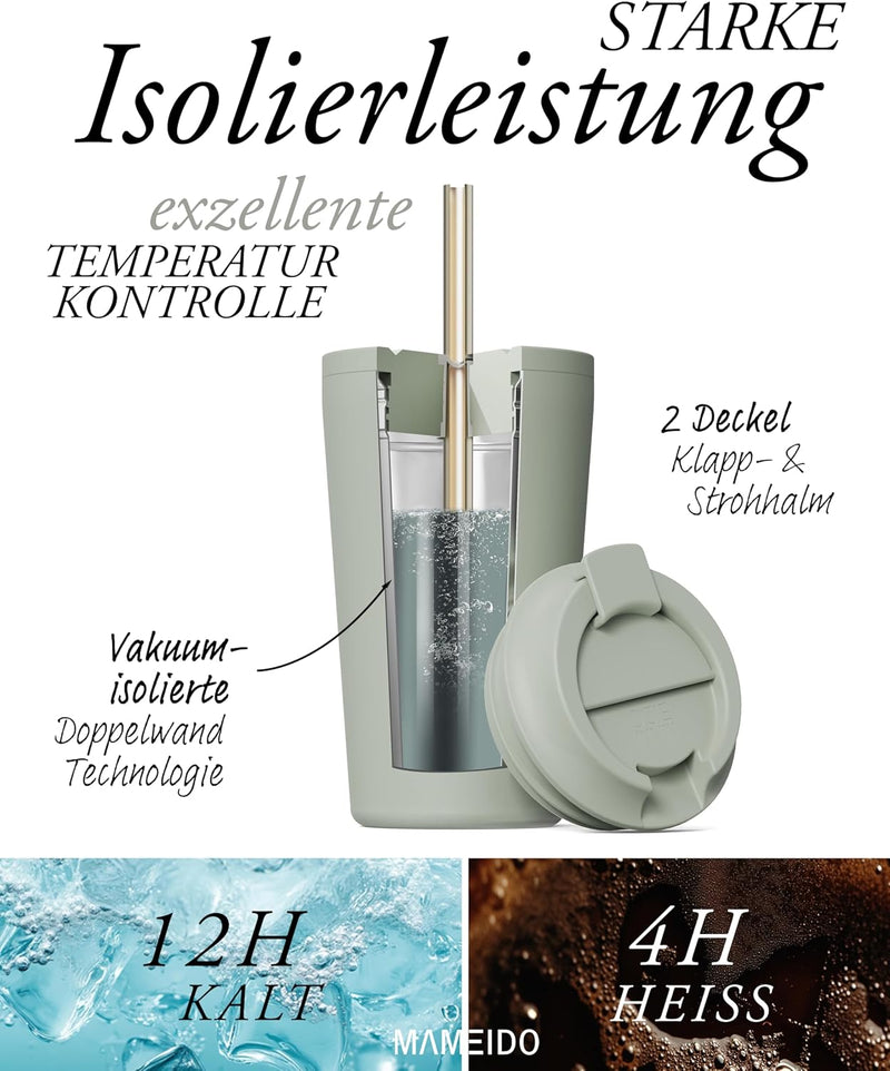 MAMEIDO Thermobecher mit Strohhalm 470ml & 700ml - Trinkbecher mit Deckel und Strohhalm aus Edelstah