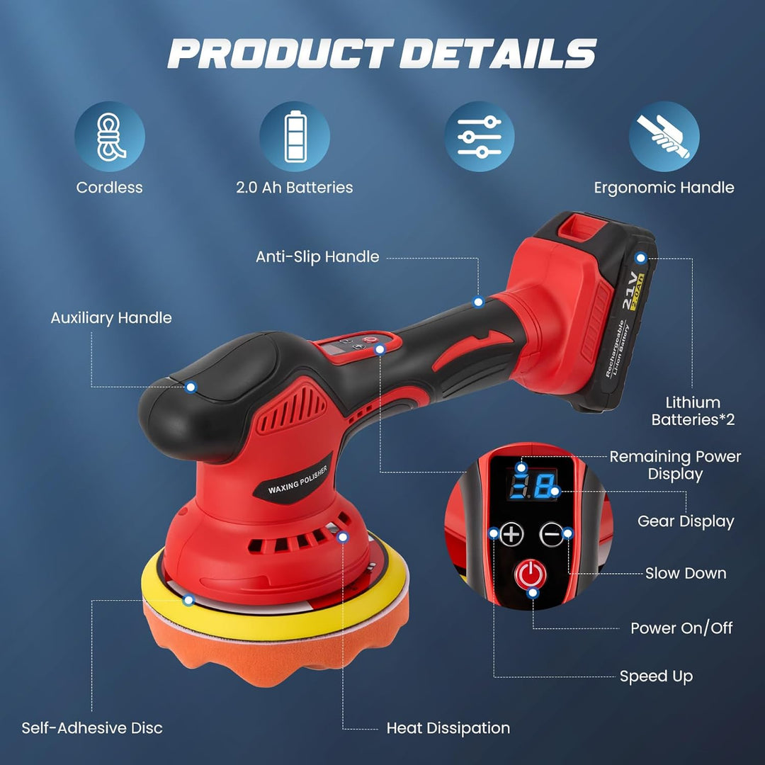 Akku Poliermaschine für Auto, 21V Polishing Machine, 8 Variable Geschwindigkeit - 2800-5500 RPM, mit