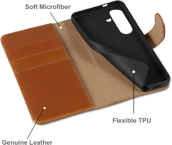 LENSUN Lederhülle für Samsung Galaxy S24, Echtleder Hülle [Standfunktion][RFID Blocker][Premium Echt