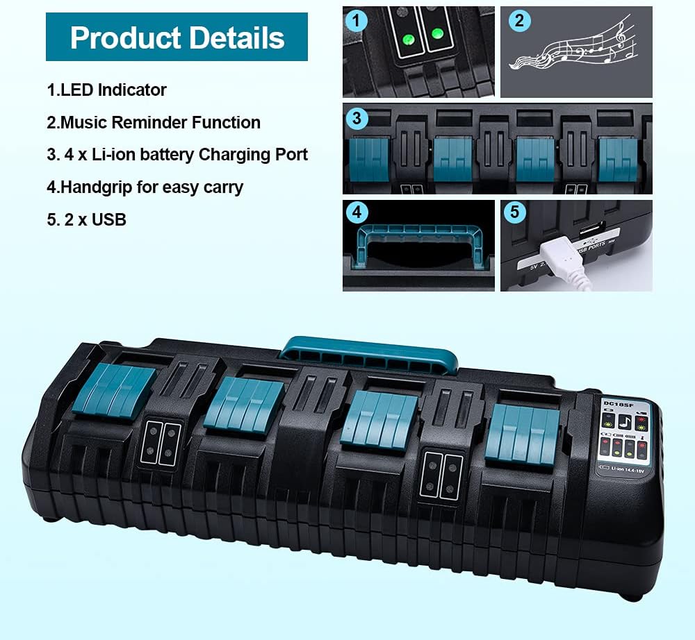 Hipoke DC18SF 4-Port Lithium-Ladegerät Kompatibel mit Makita 14,4V 18V 20V Akku BL1430 BL1450 BL1440