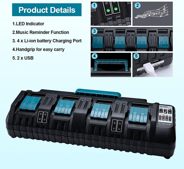 Hipoke DC18SF 4-Port Lithium-Ladegerät Kompatibel mit Makita 14,4V 18V 20V Akku BL1430 BL1450 BL1440