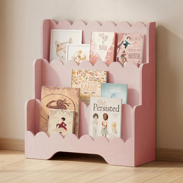 smartwood Montessori Bücherregal Kinder, FSC-Kiefernholz, Rosa, LULU | 3-stufig, 64x31,5x71 cm, Einf