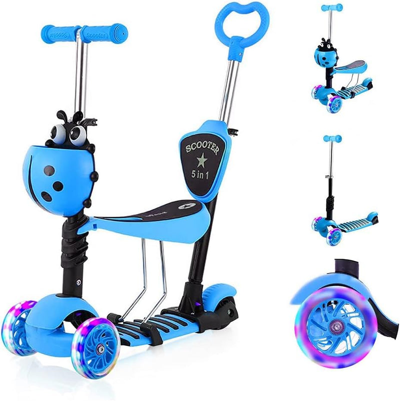 YOLEO 5-in-1 Kinder Roller Scooter mit Abnehmbarer Karikaturkorb Sitz Schubstange LED grosse Räder B