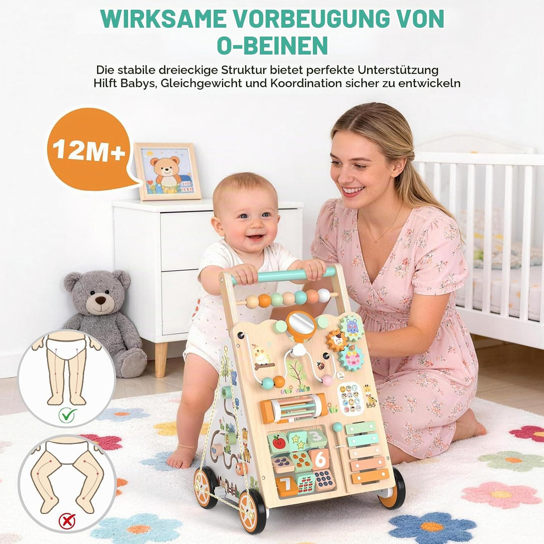 Holz-Lauflerner für Kleinkinder 12+ Monate, Montessori-Schiebewagen mit Aktivitätszentrum, Perlenlab