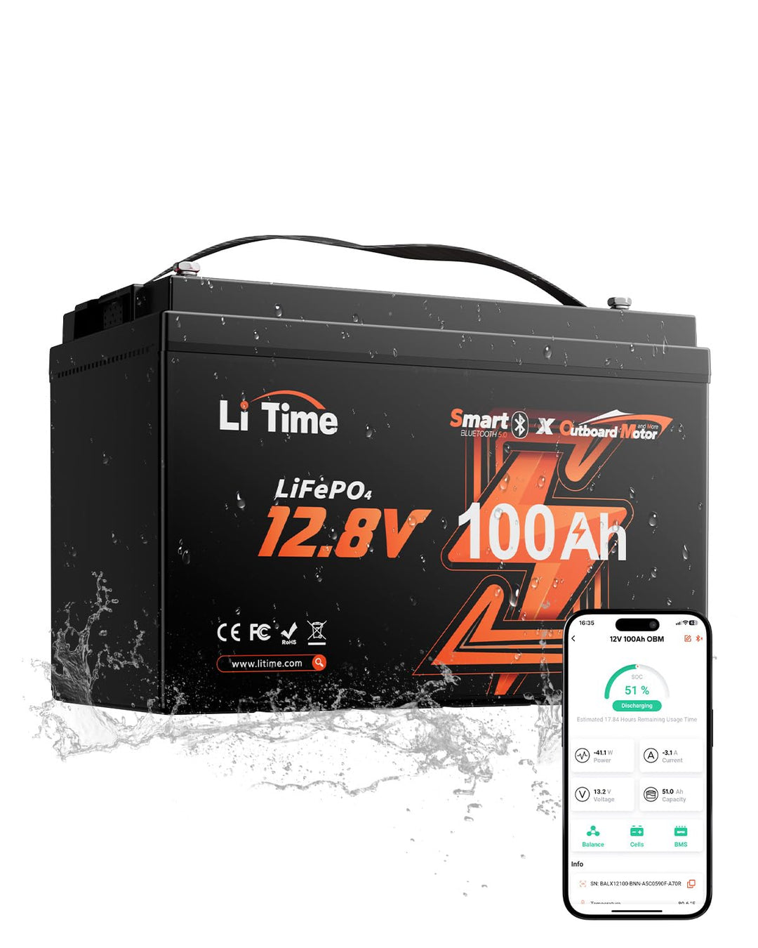 LiTime 12V 100Ah Smart LiFePO4 Batterie für Elektrische Aussenbord Trolling Motor, Bluetooth Lithium