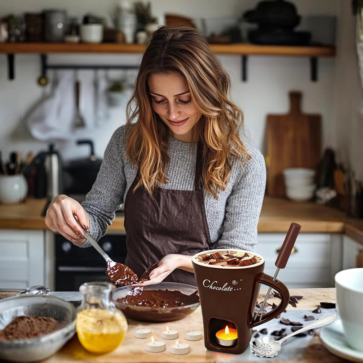 Schokofondue Tasse, 200ml Schokoladen Fondue Becher Set, Keramik Schokoladenfondue Set, mit Gabel un