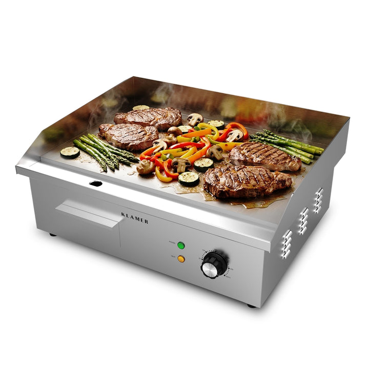 KLAMER Elektrogrill Edelstahl 3000W, XL Grillplatte 54,5x38,5 cm Tischgrill Maxi-Grill Glatt, Maxi-G