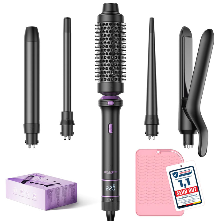 BESTOPE PRO Lockenstab, 5 in 1 Lockenstäbe Set mit Glätteisen, Thermobürste, 3 Keramische Lockeneise