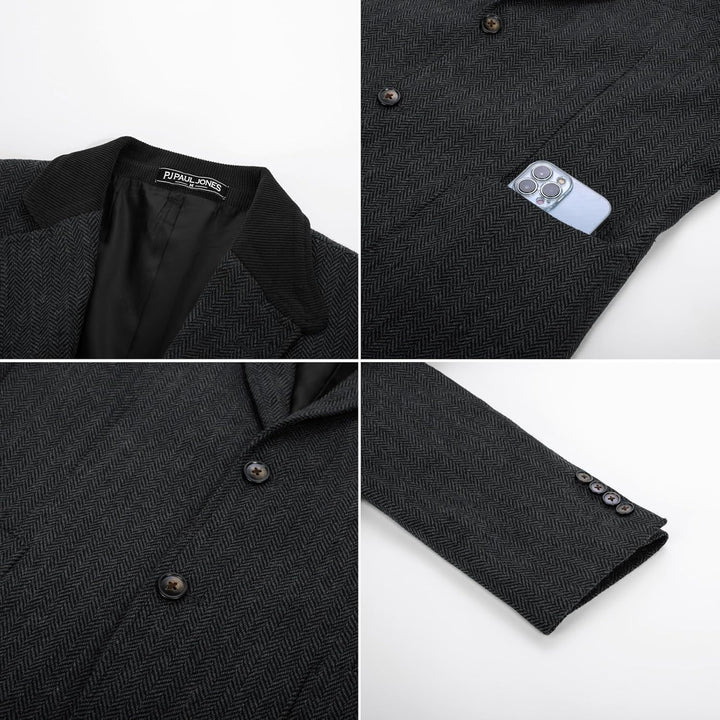PaulJones Sakko Herren 2 Knöpfe Vintage Blazer Tweed Sakko aus Wollmischung M Grau, M Grau