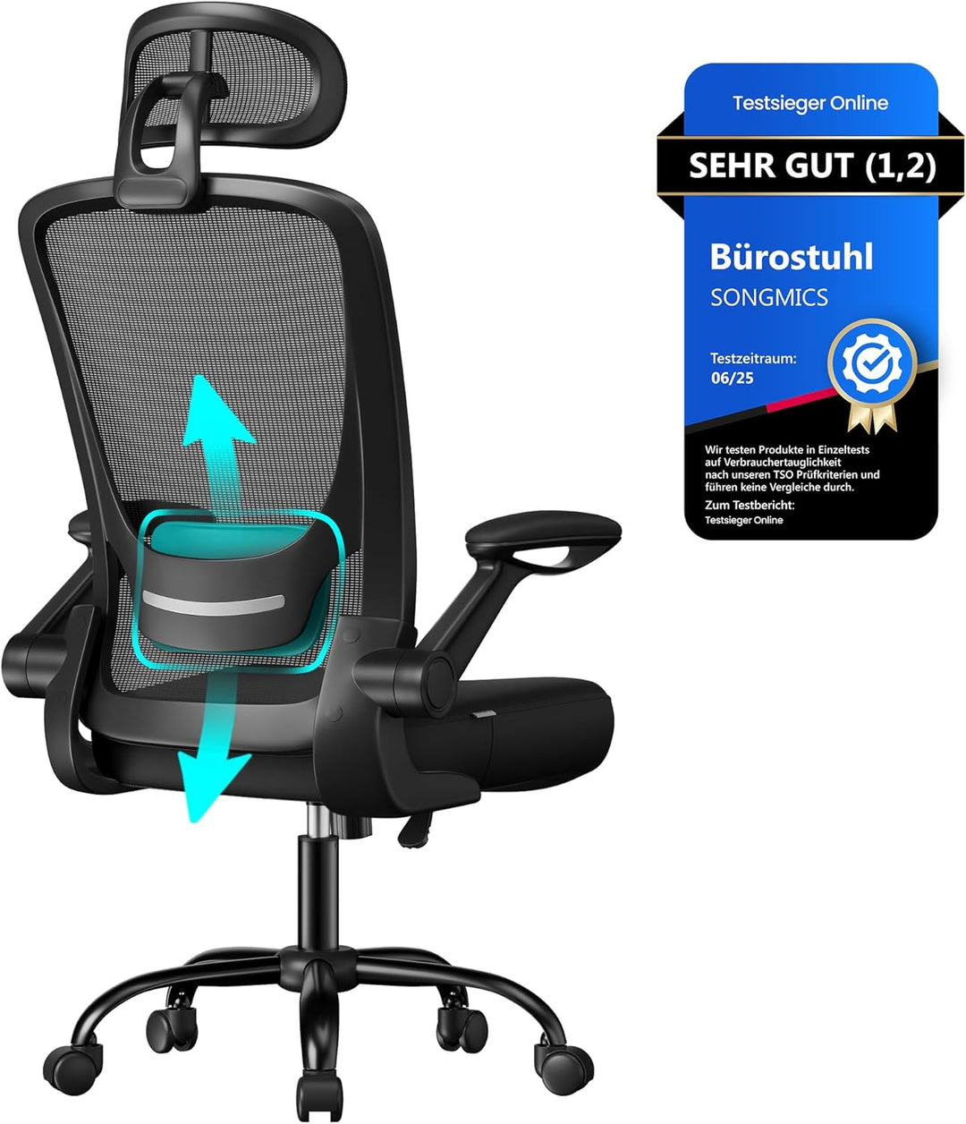 SONGMICS Bürostuhl ergonomisch, Schreibtischstuhl, Drehstuhl mit Mesh, gepolsterte Lendenstütze, Wip