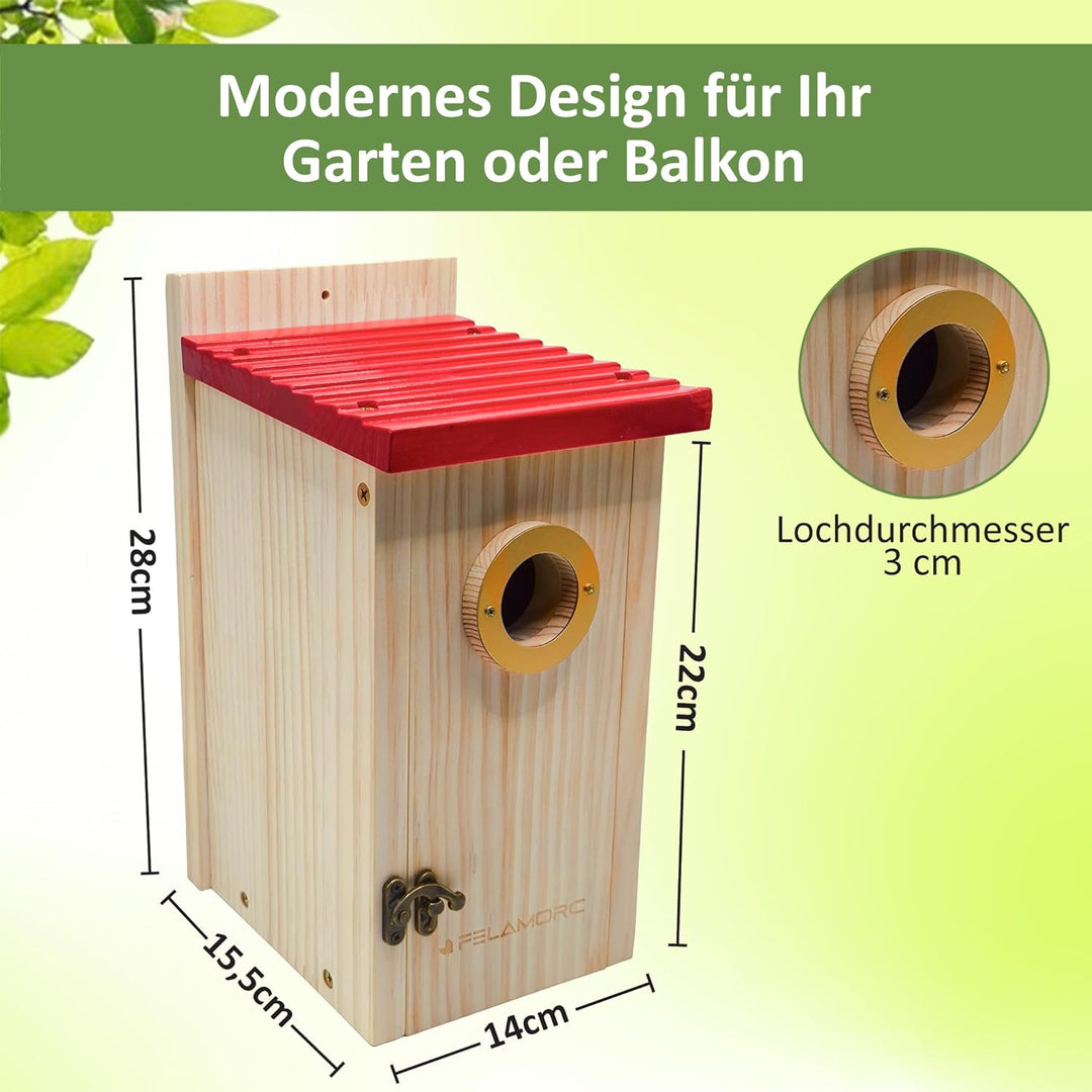 Robuster 15 mm dickwandiger Nistkasten, gut verarbeitet, ideal für kleine Meisen. Das Vogelhaus zum