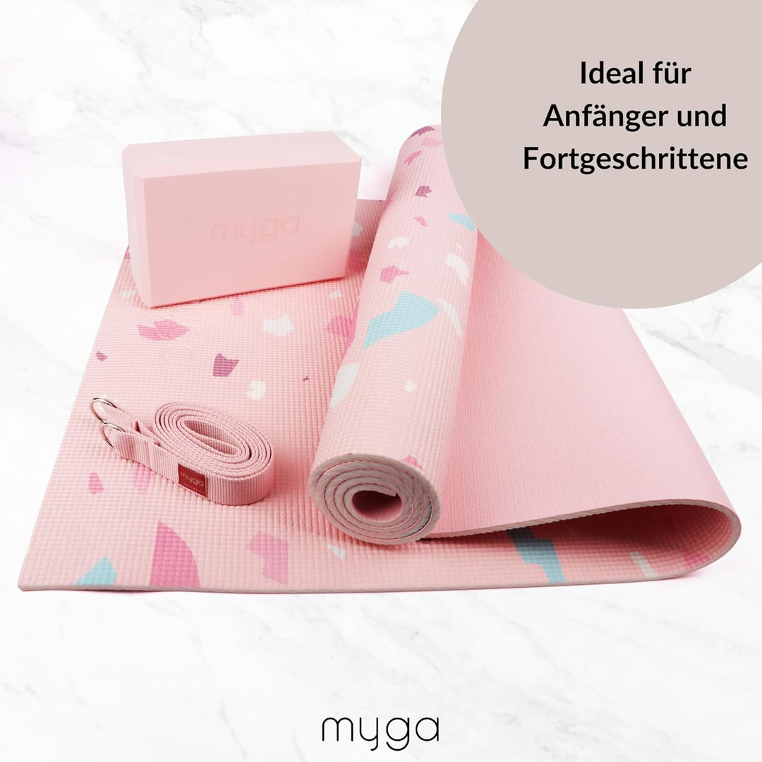 Myga Yoga Starter Kit | Komplettes Set mit Yogamatte, Yogablock & Gurt | rutschfest & Unterstützend