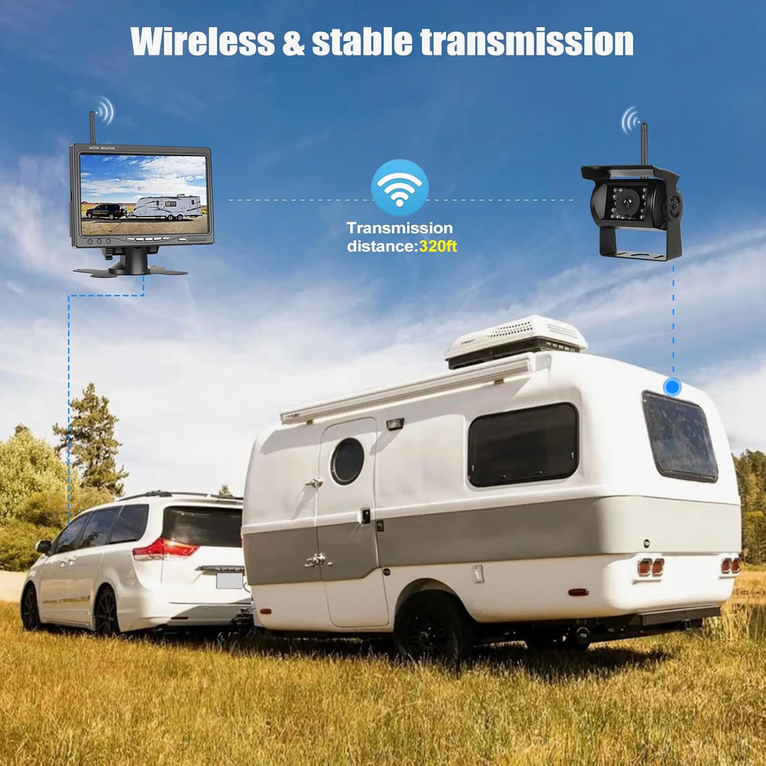CAMECHO Rückfahrkamera Kabellos IP68 Wasserdicht Nachtsicht Weitwinkel Kamera mit 7 Zoll HD Monitor