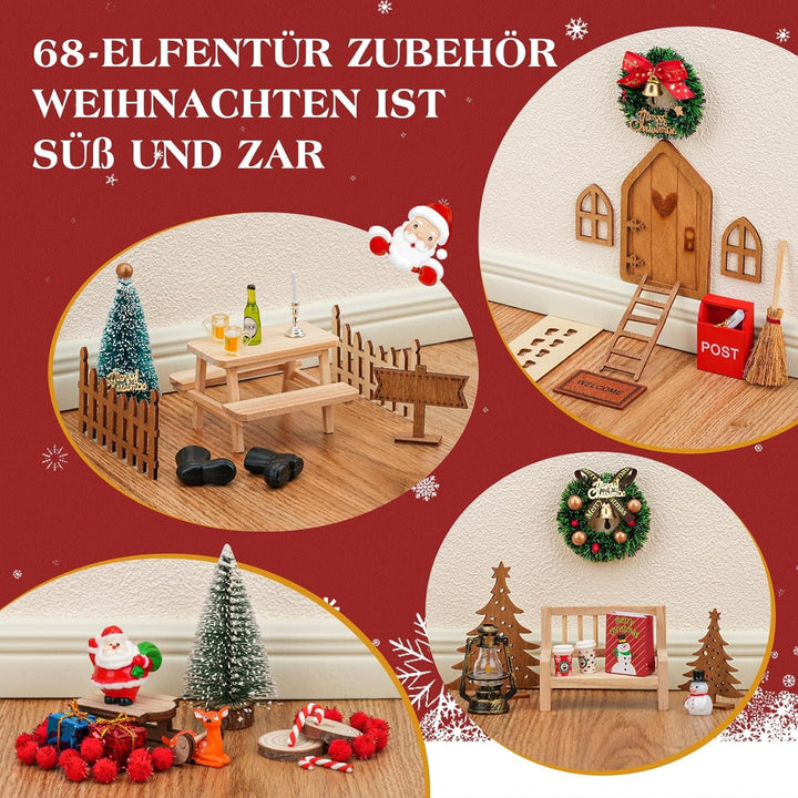 68 Stück Wichteltür Set Weihnachten – Wichtel Set mit Zubehör DIY Deko Komplettset aus Holz & Kunsts