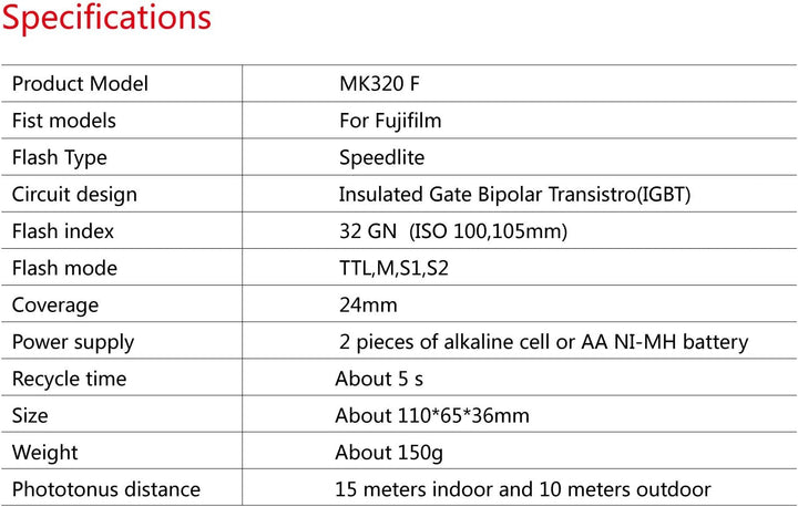 Meike MK-320F Speedlite TTL Master Flash für Fujifilm Kamera X-M1 X-T1 X-Pro1 X-A1 X-A2 X-E1 X-E2 X3