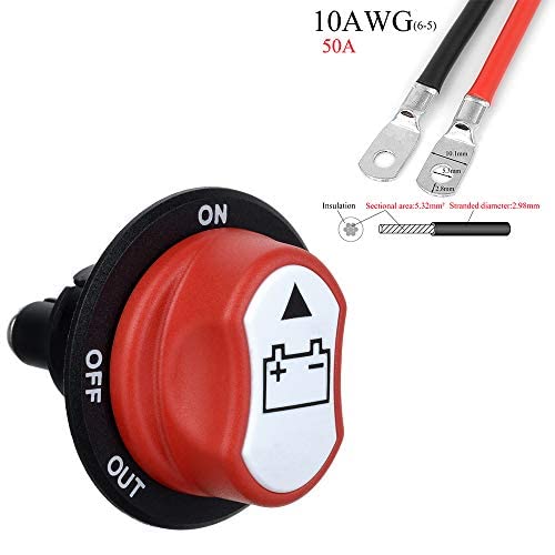 Jtron Batterie Trennschalter 12v 50a Abdeckung abnehmbar batterieschalter 12v 10awg Kabel 50cm für M