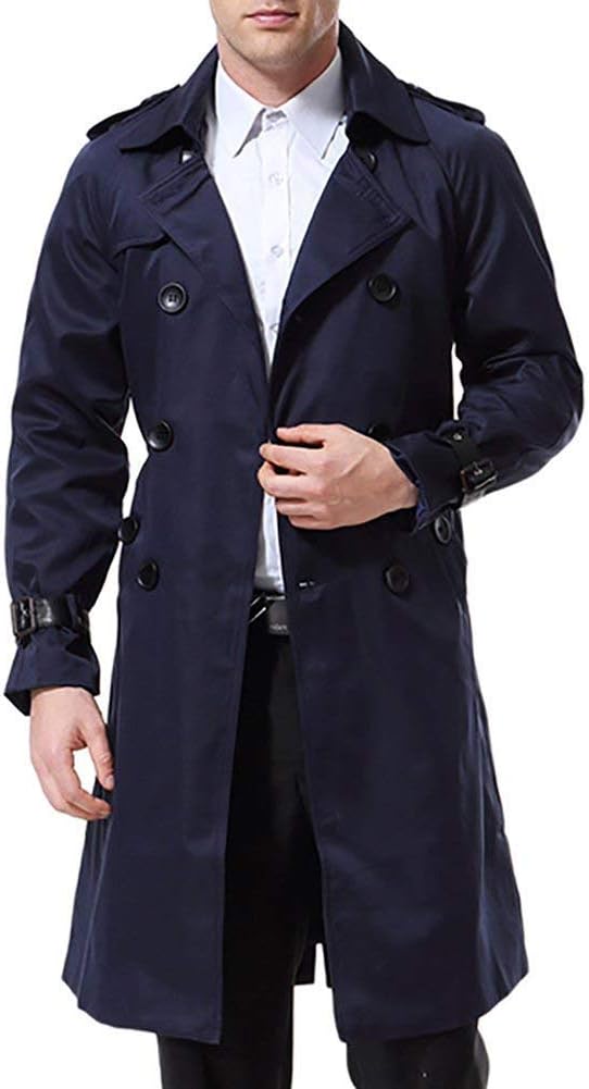 AOWOFS Herren Zweireihiger Trenchcoat mit Gürtel Revers Lang Mantel Business Jacke Frühling Übergang
