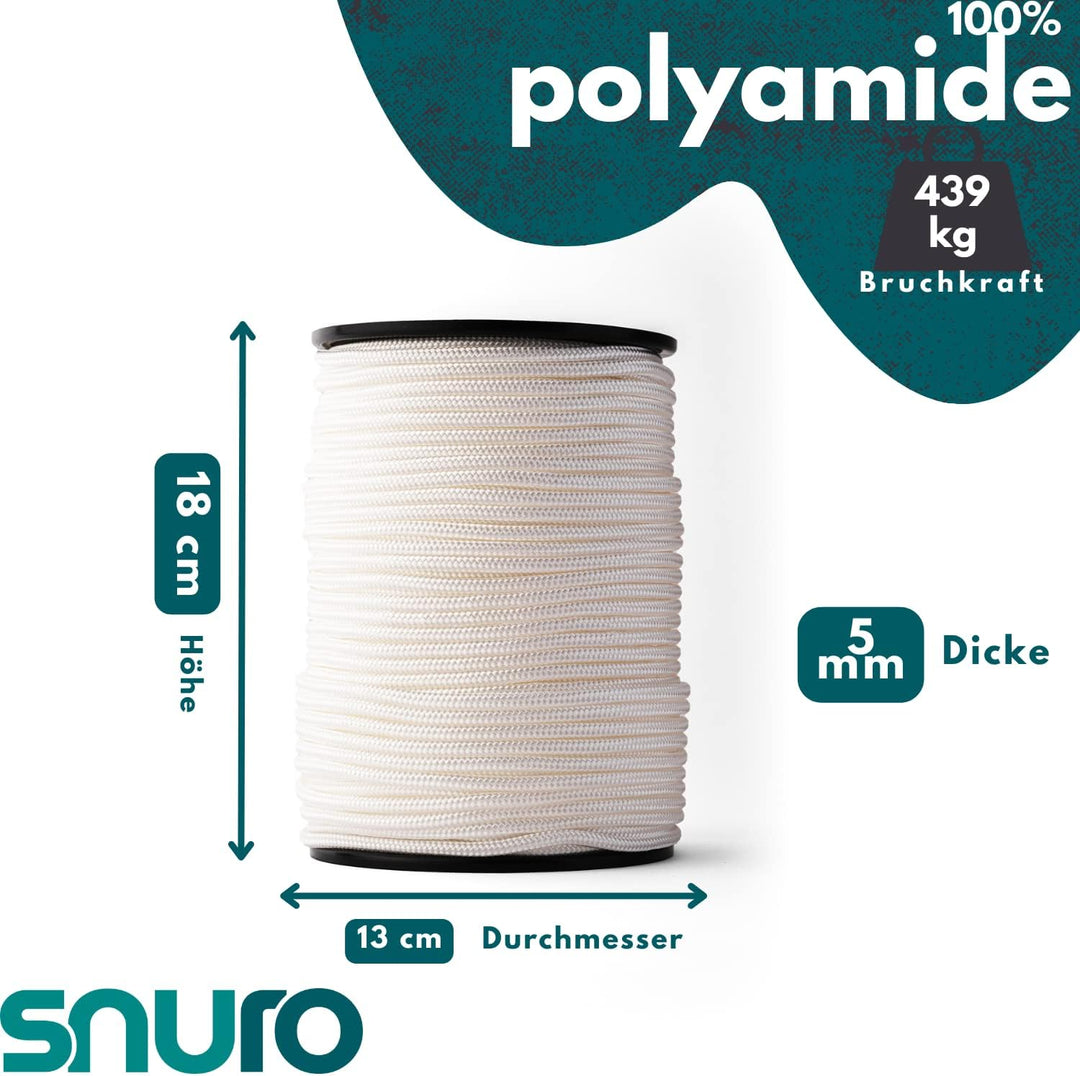 SNURO Nylon Seil (5mm, 100M, weiss) - Paracord Schnurr mit starkem Nylon Material - Reissfeste Parac