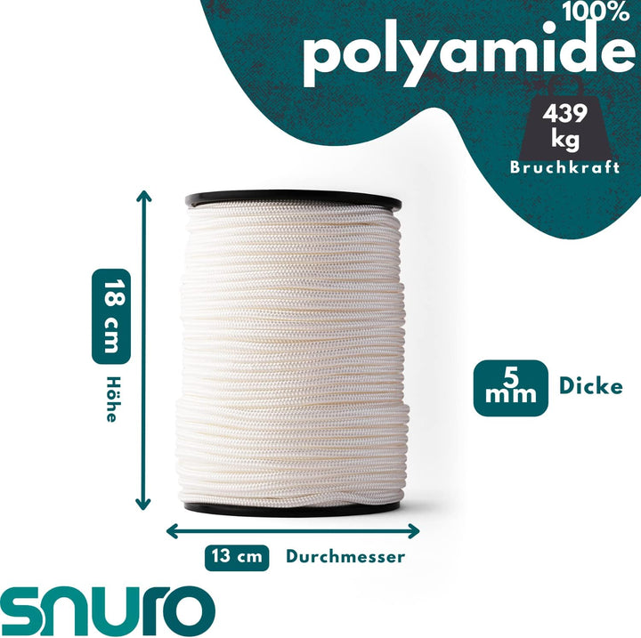 SNURO Nylon Seil (5mm, 100M, weiss) - Paracord Schnurr mit starkem Nylon Material - Reissfeste Parac