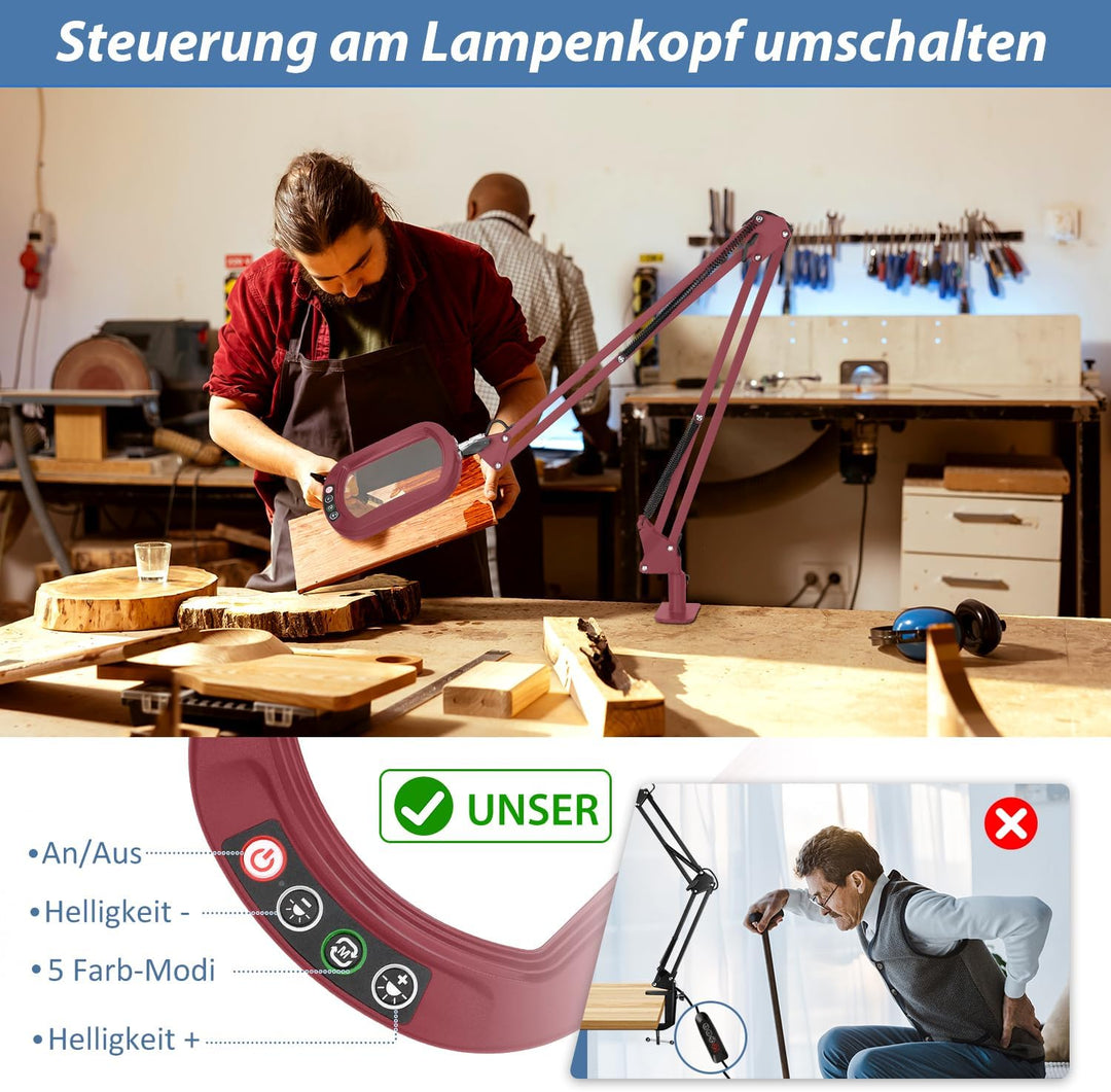 Veemagni 10X Echtes Glas Rechteckige Lupe mit Licht und Klemme, 5 Farbmodi Stufenlos Dimmen, 2 * 16