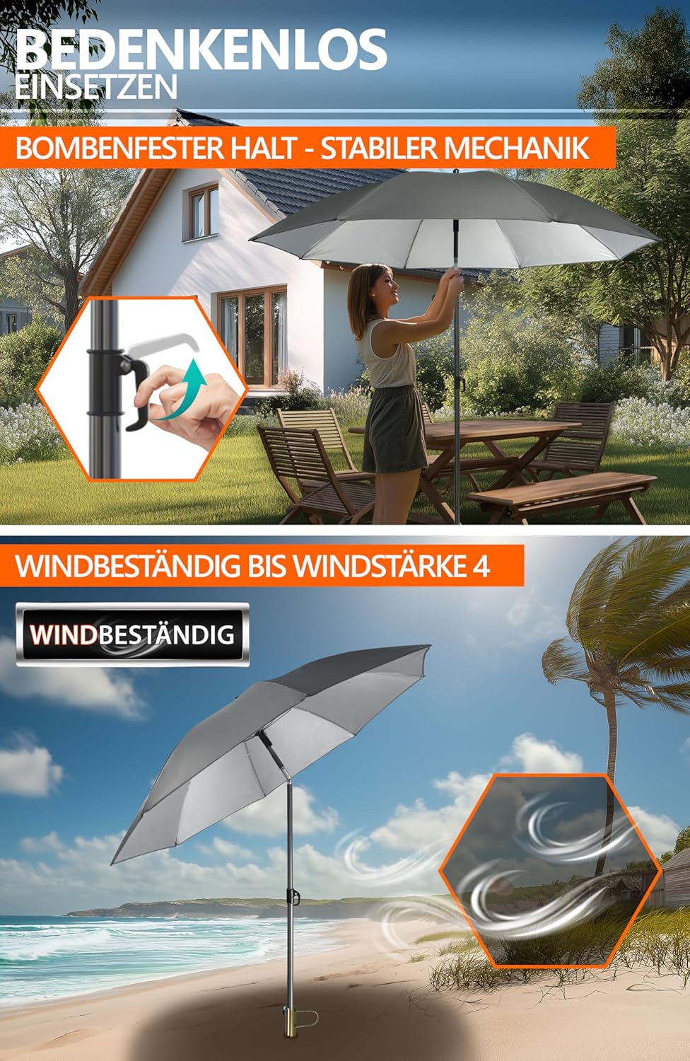 4smile Sonnenschirm Strand SunnyJoy in Anthrazit, 3er Set - Strandschirm windfest stabil + Rasendorn