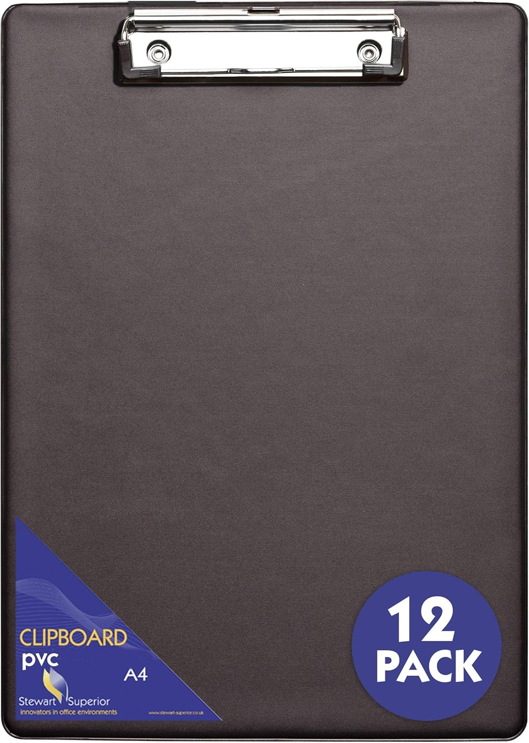 SECO Stewart Superior A4+ PVC beschichtetes Klemmbrett mit Hochleistungsklammer - Schwarz (12er Pack