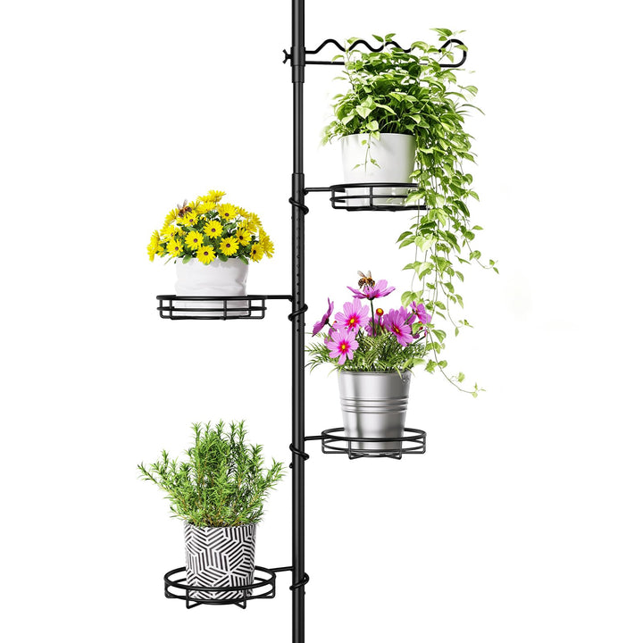 WELDUN Teleskop-Blumenregal mit 4 Blumenständer &amp; 1 Rankelhilfe, Schwarz | Innenbereich Pflanzenstän