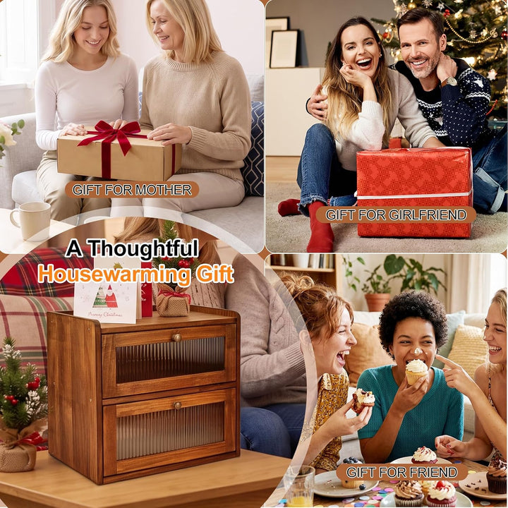 Brotkasten Holz, 2 Etagen Gross Brotbox mit Belüftungsloch, Längere Frische & Einfache Pflege, Küche