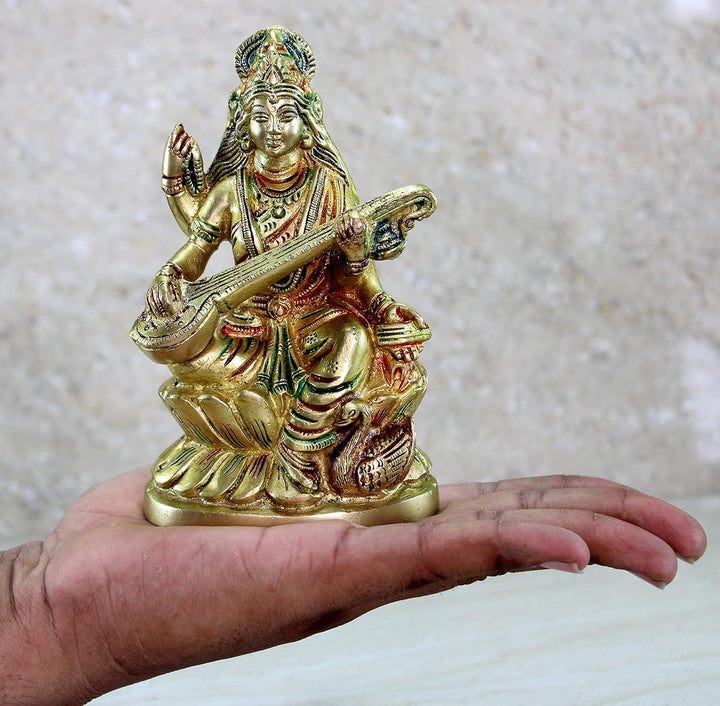 Saraswati Maa Murti Idol Statue aus Messing für Heimdekoration und Tempel, 24,8 cm, Mehrfarbig (Gold