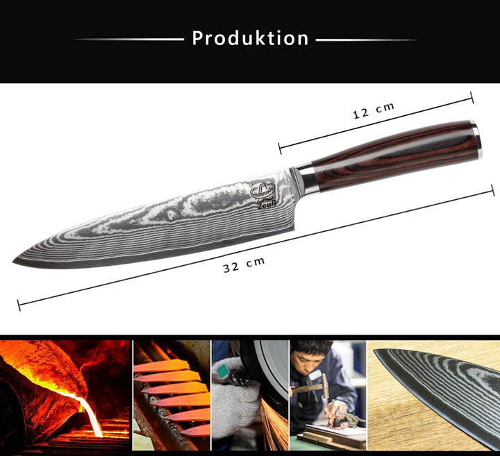 Damastmesser Küchenmesser XL (32cm) TÜV geprüfter 62 HRC Damaststahl aus 67 Lagen I Damast-Küchenmes