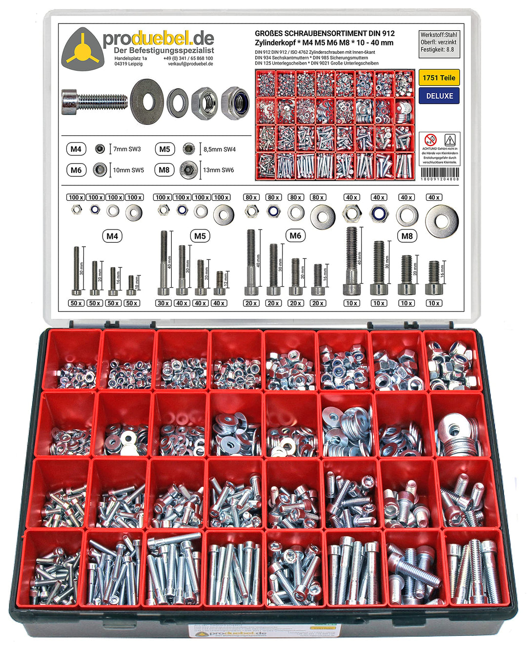 Grosses Schrauben-Sortiment DIN 912 Zylinderkopf M4/M5/M6/M8 Stahl verzinkt 8.8 (DIN912+934+985+125+