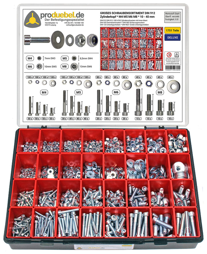Grosses Schrauben-Sortiment DIN 912 Zylinderkopf M4/M5/M6/M8 Stahl verzinkt 8.8 (DIN912+934+985+125+