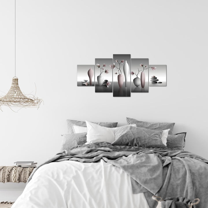 Runa Art Wandbilder Blumen Magnolien 5 Teilig Bild auf Vlies Leinwand Deko Wohnzimmer Spa Schwarz We