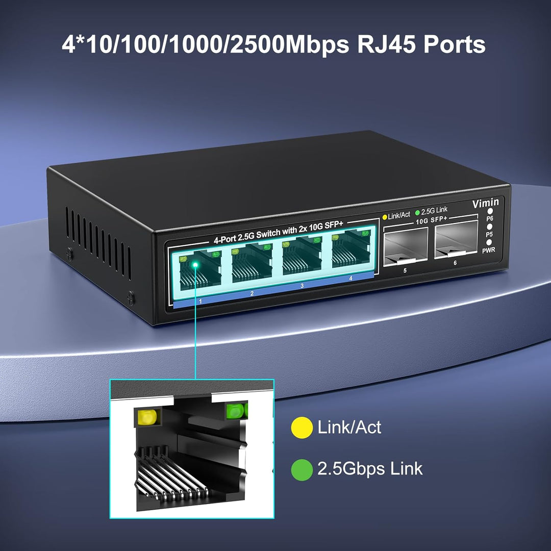 6 Port 2.5G Unmanaged Network Switch, VIMIN 4X 2.5Gbase-T Ports, 2X 10G SFP+ Port, 60Gbps Switching-
