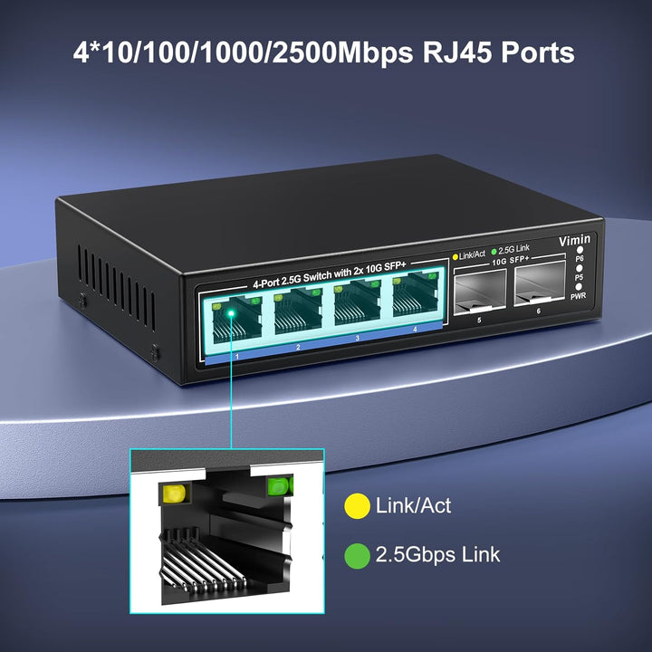 6 Port 2.5G Unmanaged Network Switch, VIMIN 4X 2.5Gbase-T Ports, 2X 10G SFP+ Port, 60Gbps Switching-