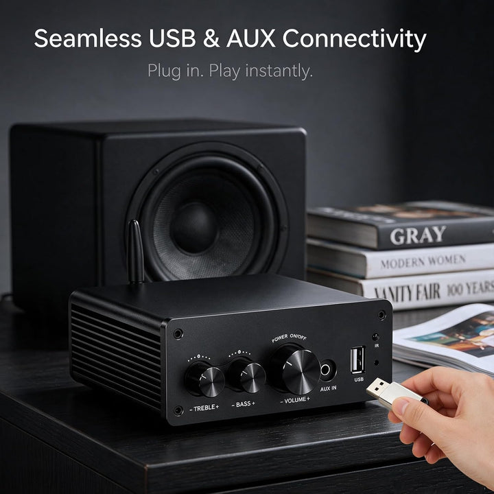 LONPOO Mini Bluetooth Hifi-Verstärker 200W mit Fernbedienung, Optical, COAX, USB, AUX-Eingang, 2 Kan