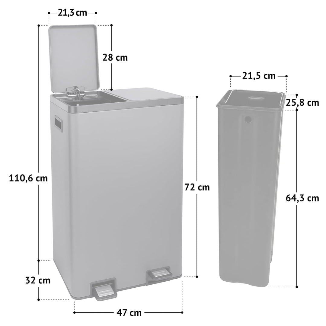SVITA TMH2X30 Mülleimer 60L Mülltrennsystem 2 Fächer 2x15L Softclose-Deckel Pedal versteckbar Kunsts