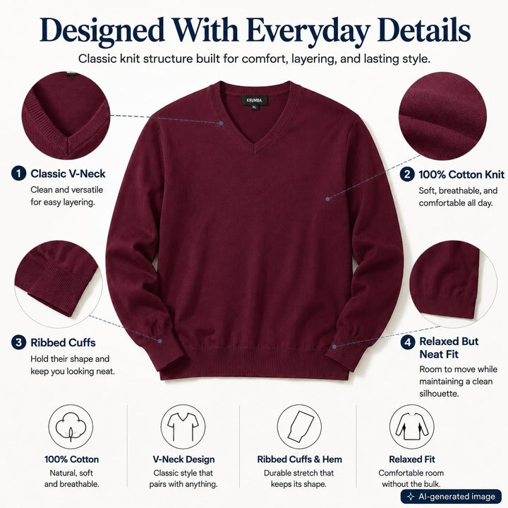 Krumba Herren Baumwolle Übergross V-Ausschnitt Klassik Pullover XXL Burgundy, XXL Burgundy
