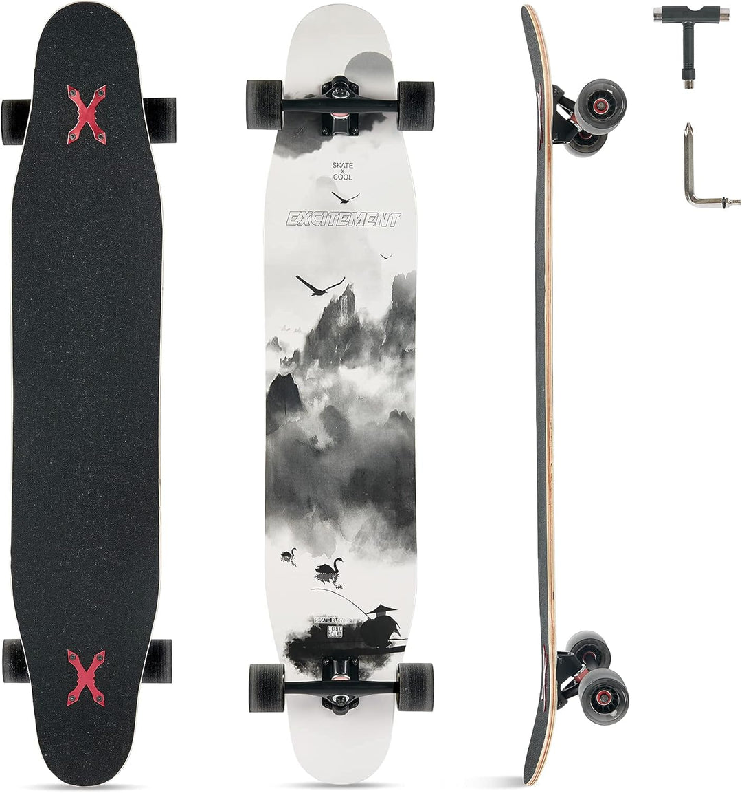 Opurtdor Longboard 118CM Pro Skateboard, Cruiser Trick Skateboard, Komplettes 8 Etagen Ahornholz, Sc