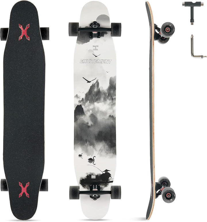 Opurtdor Longboard 118CM Pro Skateboard, Cruiser Trick Skateboard, Komplettes 8 Etagen Ahornholz, Sc